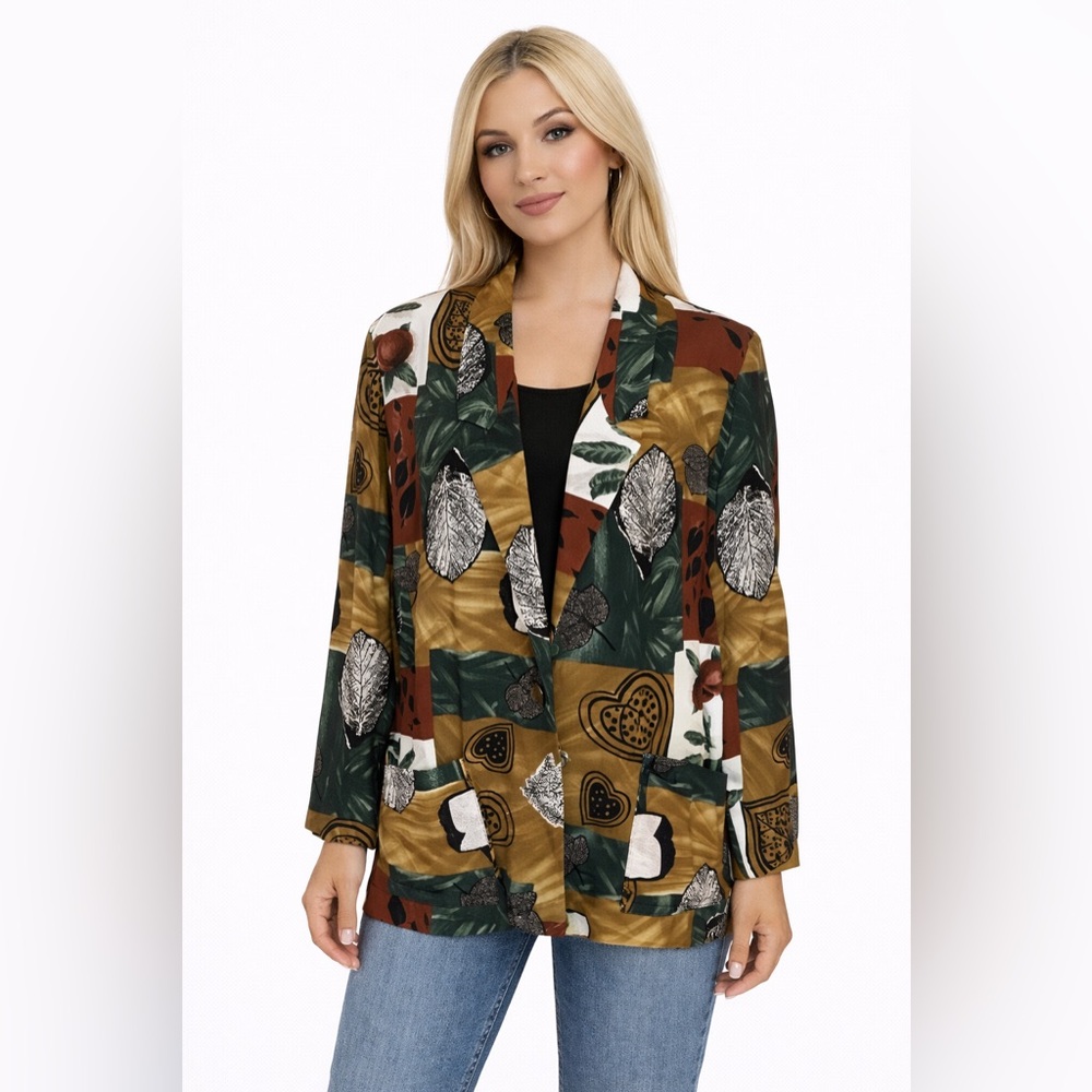 Vintage 80s 90s Abstract Leaf Blazer Women Large Retro Earth Tone Jacket